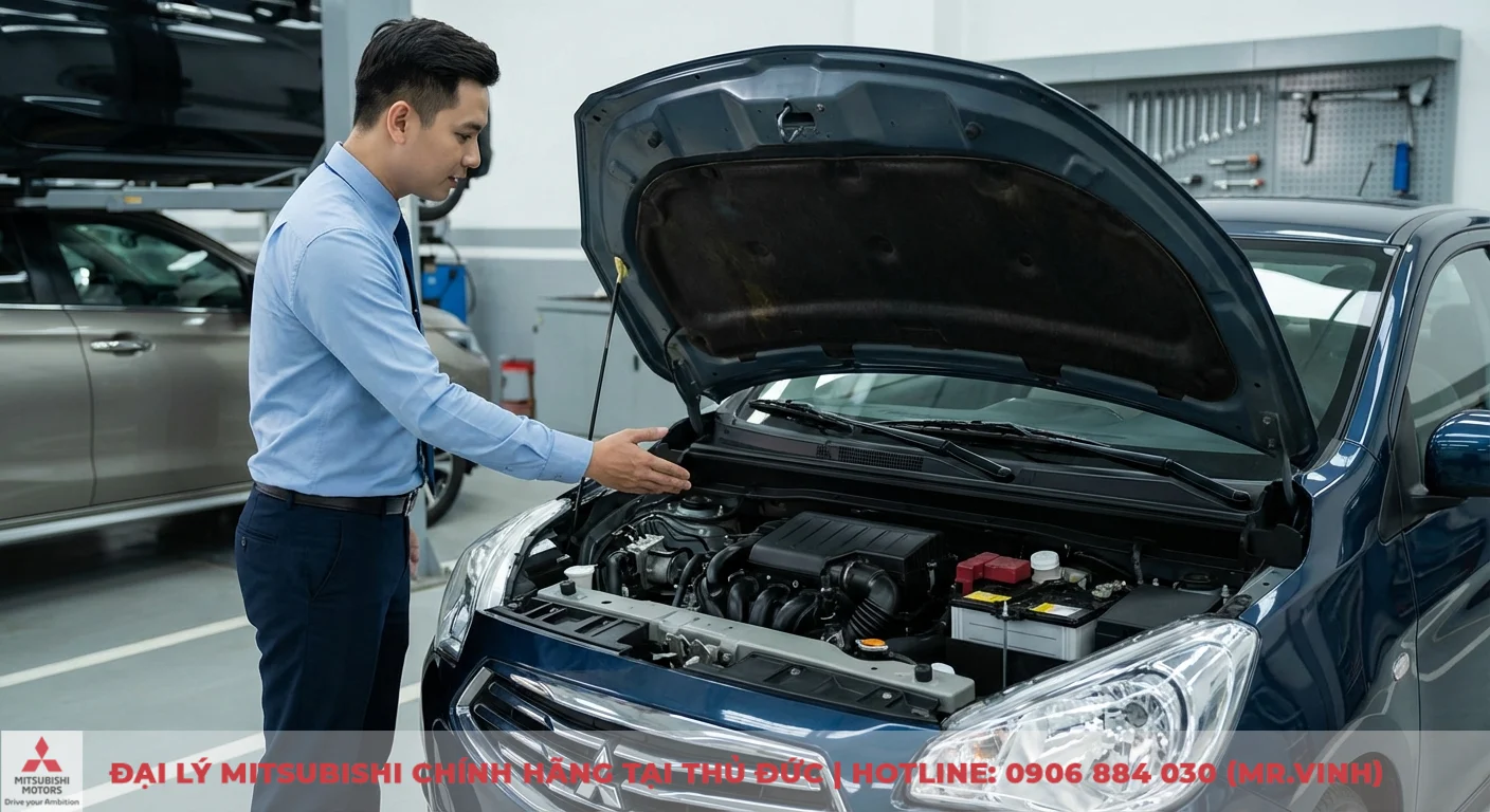 Mitsubishi Attrage 2026 và Honda City: So sánh chi tiết, chọn xe nào? 3 Động cơ xe hơi màu xanh navy đang mở mui được nhân viên giải thích chi tiết về khả năng vận hành