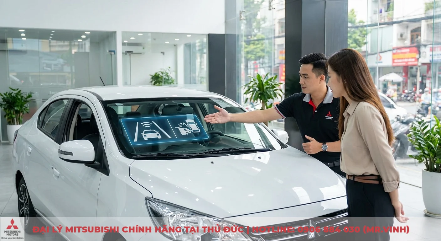 Mitsubishi Attrage 2026 và Honda City: So sánh chi tiết, chọn xe nào? 4 Công nghệ an toàn chủ động và hỗ trợ lái được nhân viên giới thiệu trên kính chắn gió xe hơi, minh họa bảo vệ tối đa