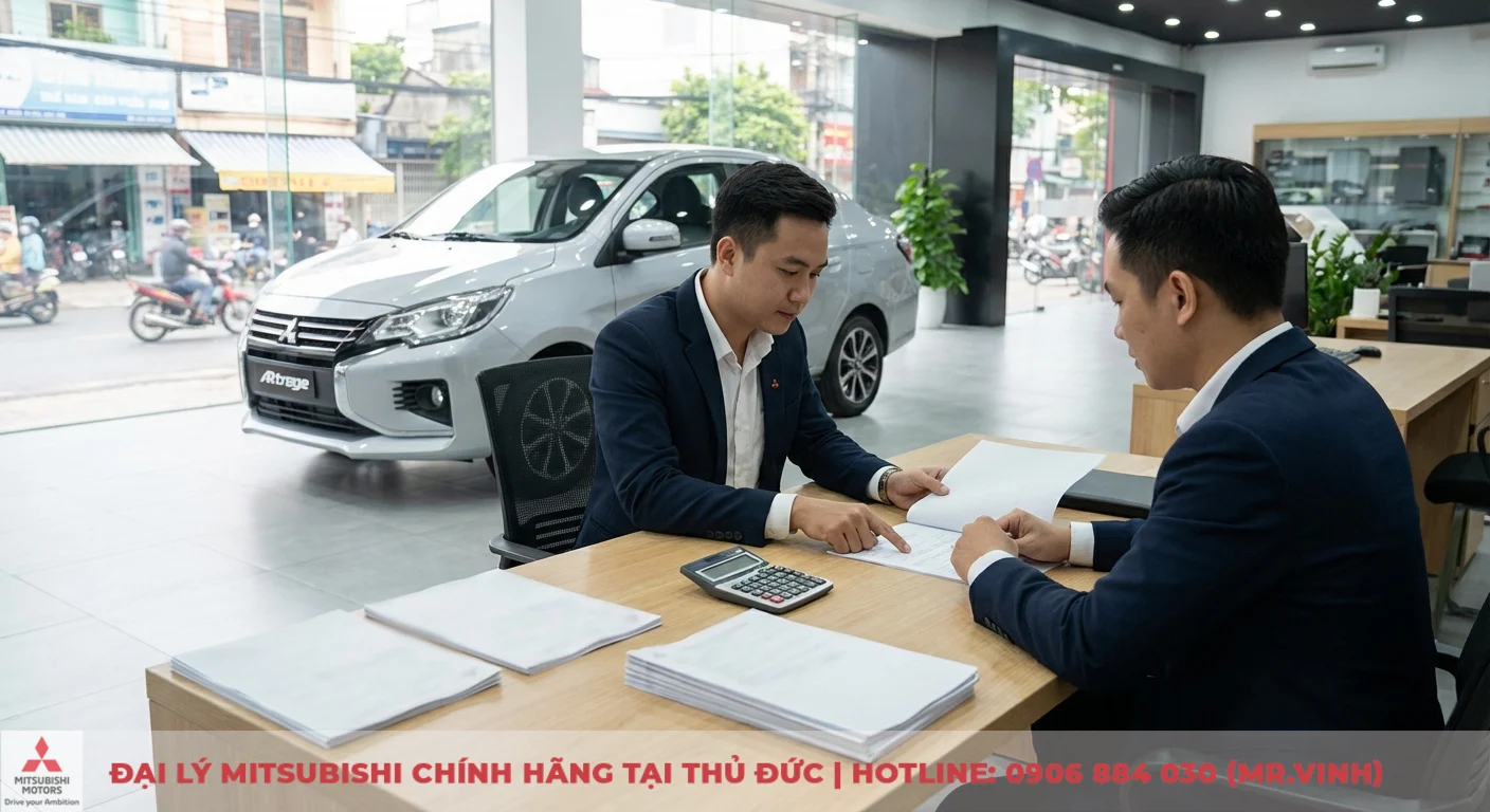 Mitsubishi Attrage 2026 và Honda City: So sánh chi tiết, chọn xe nào? 5 Khách hàng và nhân viên tư vấn đang tính toán giá lăn bánh và chi phí sở hữu xe Mitsubishi Attrage tại TP.HCM