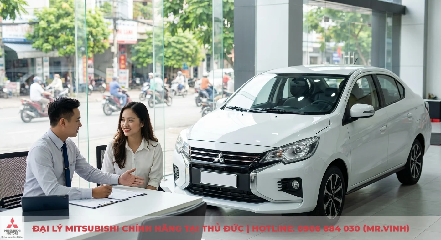 Mitsubishi Attrage 2026 và Honda City: So sánh chi tiết, chọn xe nào? 6 Mitsubishi Attrage 2026 màu trắng tại showroom, nhân viên tư vấn hỗ trợ khách hàng nữ đưa ra lựa chọn phù hợp