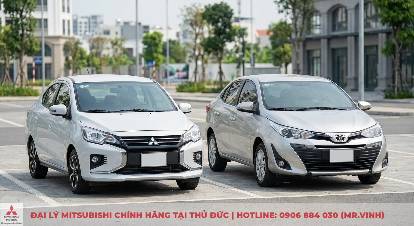 So sánh Attrage 2026 vs Vios: Đánh giá chi tiết, nên chọn xe nào? 1 Mitsubishi Attrage màu trắng và Toyota Vios màu bạc đỗ cạnh nhau, thể hiện sự cạnh tranh trong phân khúc sedan hạng B