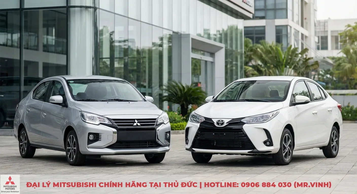 So sánh Attrage 2026 vs Vios: Đánh giá chi tiết, nên chọn xe nào? 2 So sánh ngoại thất Mitsubishi Attrage Dynamic Shield màu bạc và Toyota Vios phong cách trẻ trung màu trắng