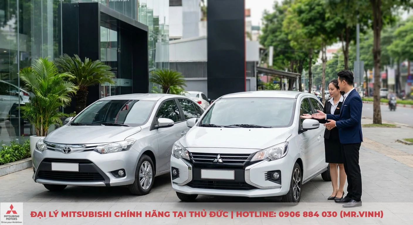 So sánh Attrage 2026 vs Vios: Đánh giá chi tiết, nên chọn xe nào? 3 Mitsubishi Attrage trắng và Toyota Vios bạc đỗ cạnh nhau, chuyên gia đang tư vấn khách hàng chọn mẫu xe phù hợp
