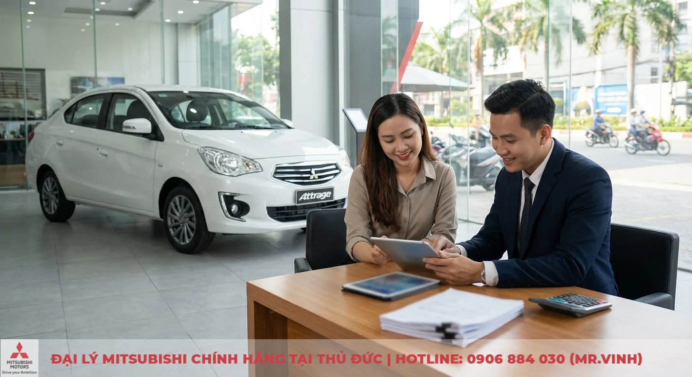 So sánh Attrage 2026 vs Vios: Đánh giá chi tiết, nên chọn xe nào? 4 Khách hàng xem xét chi phí sở hữu và khả năng giữ giá Mitsubishi Attrage cùng nhân viên tư vấn tại showroom