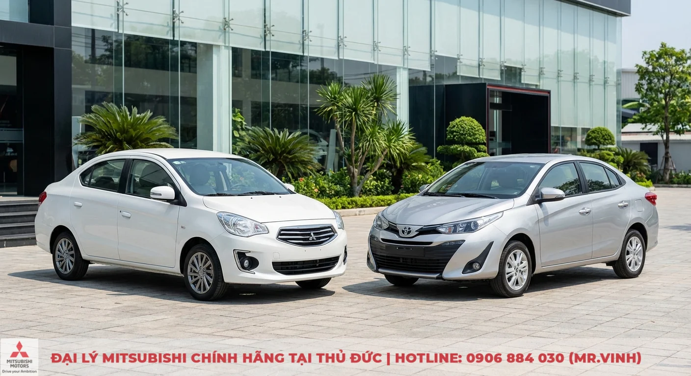 So sánh Attrage 2026 vs Vios: Đánh giá chi tiết, nên chọn xe nào? 5 Mitsubishi Attrage 2026 màu trắng và Toyota Vios màu bạc minh họa lựa chọn xe tại Mitsubishi Sài Gòn 3S
