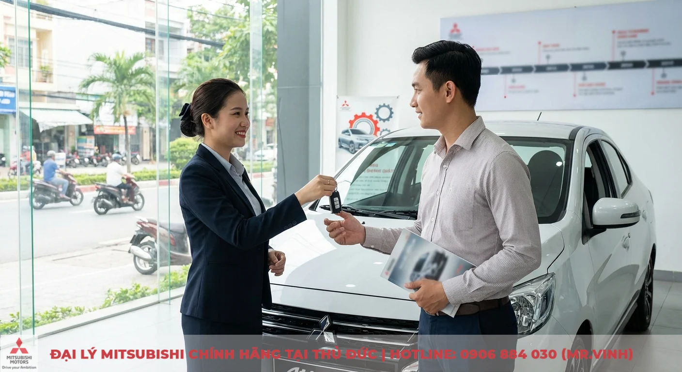 Chính sách bảo hành Attrage 2026: Điều kiện & thời hạn cập nhật 1 Khách hàng nhận chìa khóa Mitsubishi Attrage tại đại lý, thời điểm khởi đầu chính sách bảo hành tiêu chuẩn