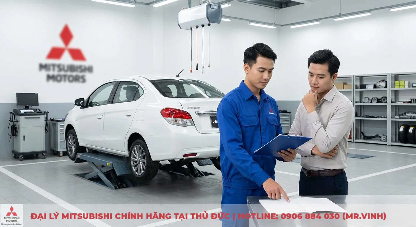 Chính sách bảo hành Attrage 2026: Điều kiện & thời hạn cập nhật 2 Kỹ thuật viên và khách hàng thảo luận điều kiện bảo hành xe Attrage khi bảo dưỡng định kỳ tại xưởng dịch vụ Mitsubishi
