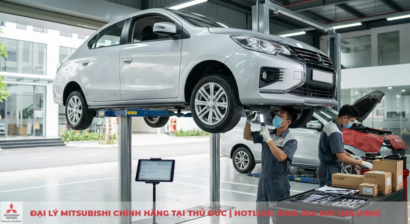 Chính sách bảo hành Attrage 2026: Điều kiện & thời hạn cập nhật 3 Bảo dưỡng định kỳ xe Attrage tại xưởng dịch vụ ủy quyền Mitsubishi, kỹ thuật viên kiểm tra duy trì bảo hành