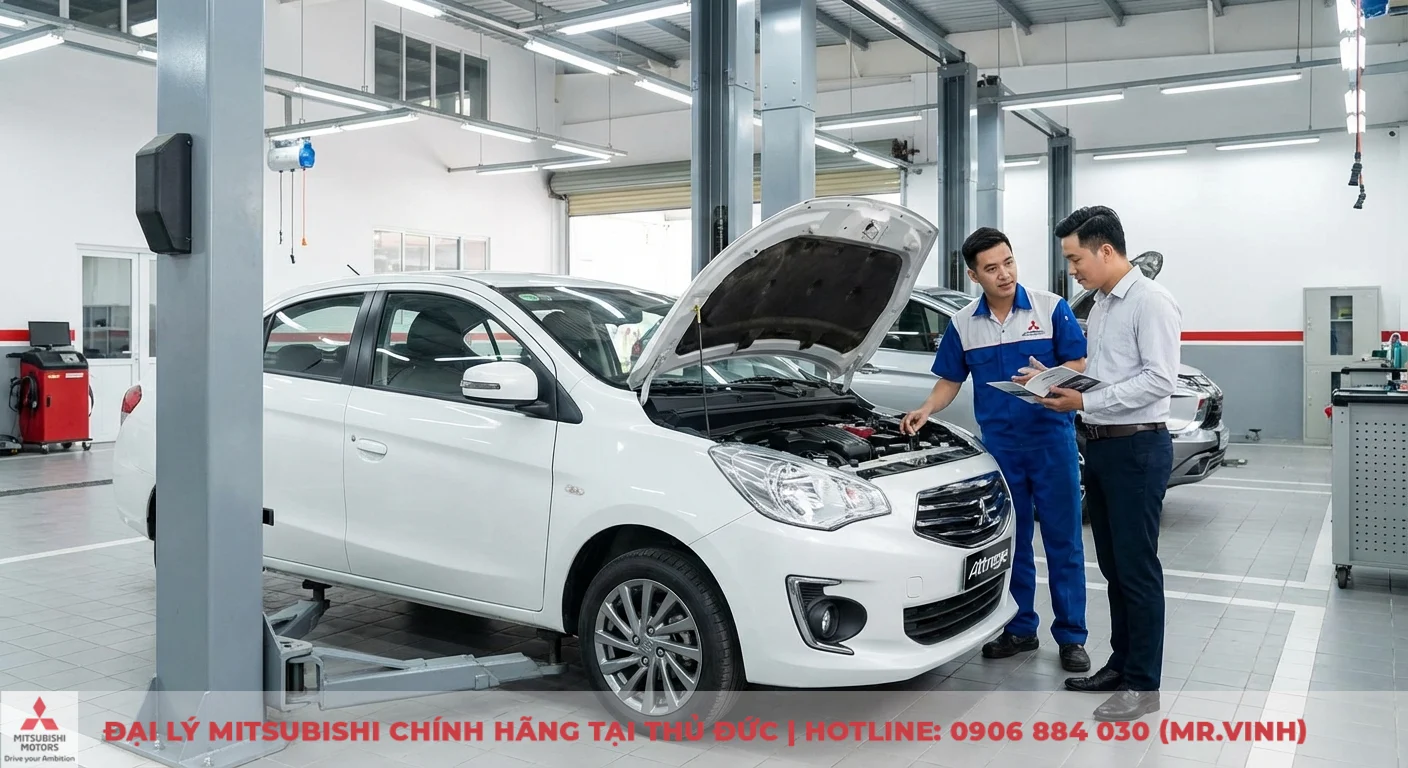 Chính sách bảo hành Attrage 2026: Điều kiện & thời hạn cập nhật 5 Kỹ thuật viên Mitsubishi Saigon 3S kiểm tra xe Attrage, hướng dẫn khách hàng về quy trình thực hiện bảo hành