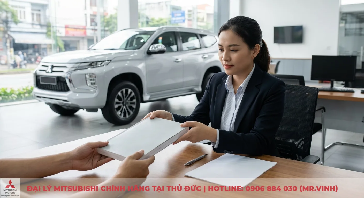 Bảo hành Destinator 2026 tại Mitsubishi: Chính sách và quy trình 1 Một nữ nhân viên Mitsubishi đang trao tài liệu cho khách hàng tại bàn làm việc trong showroom, phía sau là chiếc SUV Mitsubishi màu trắng