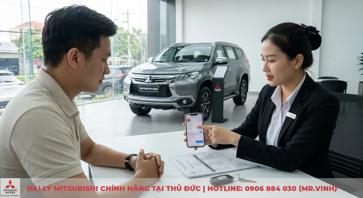Bảo hành Destinator 2026 tại Mitsubishi: Chính sách và quy trình 2 Khách hàng và nhân viên Mitsubishi tại đại lý đang kích hoạt bảo hành điện tử xe Destinator 2026 qua điện thoại