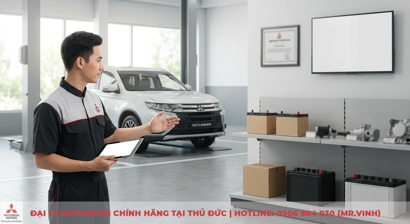 Bảo hành Destinator 2026 tại Mitsubishi: Chính sách và quy trình 3 Kỹ thuật viên Mitsubishi giới thiệu phụ tùng thay thế chính hãng như pin ắc quy, cùng xe Outlander trong xưởng dịch vụ