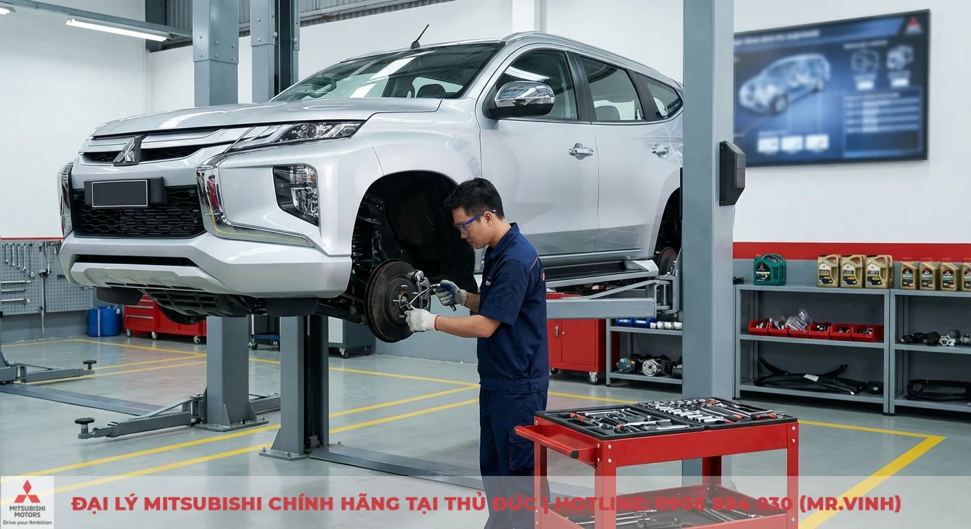 Bảo hành Destinator 2026 tại Mitsubishi: Chính sách và quy trình 4 Xe Mitsubishi bạc được nâng trên cầu nâng trong xưởng, thợ bảo dưỡng kiểm tra hệ thống phanh bánh trước