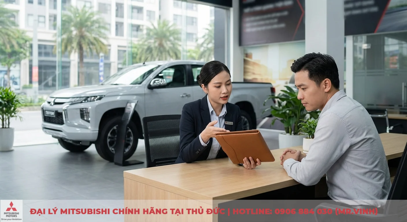 Bảo hành Mitsubishi Triton 2026: Điều kiện & lịch bảo dưỡng chi tiết 1 Trong phòng trưng bày Mitsubishi, nữ tư vấn viên giới thiệu chính sách xe Triton cho khách hàng nam bên cạnh chiếc bán tải màu trắng