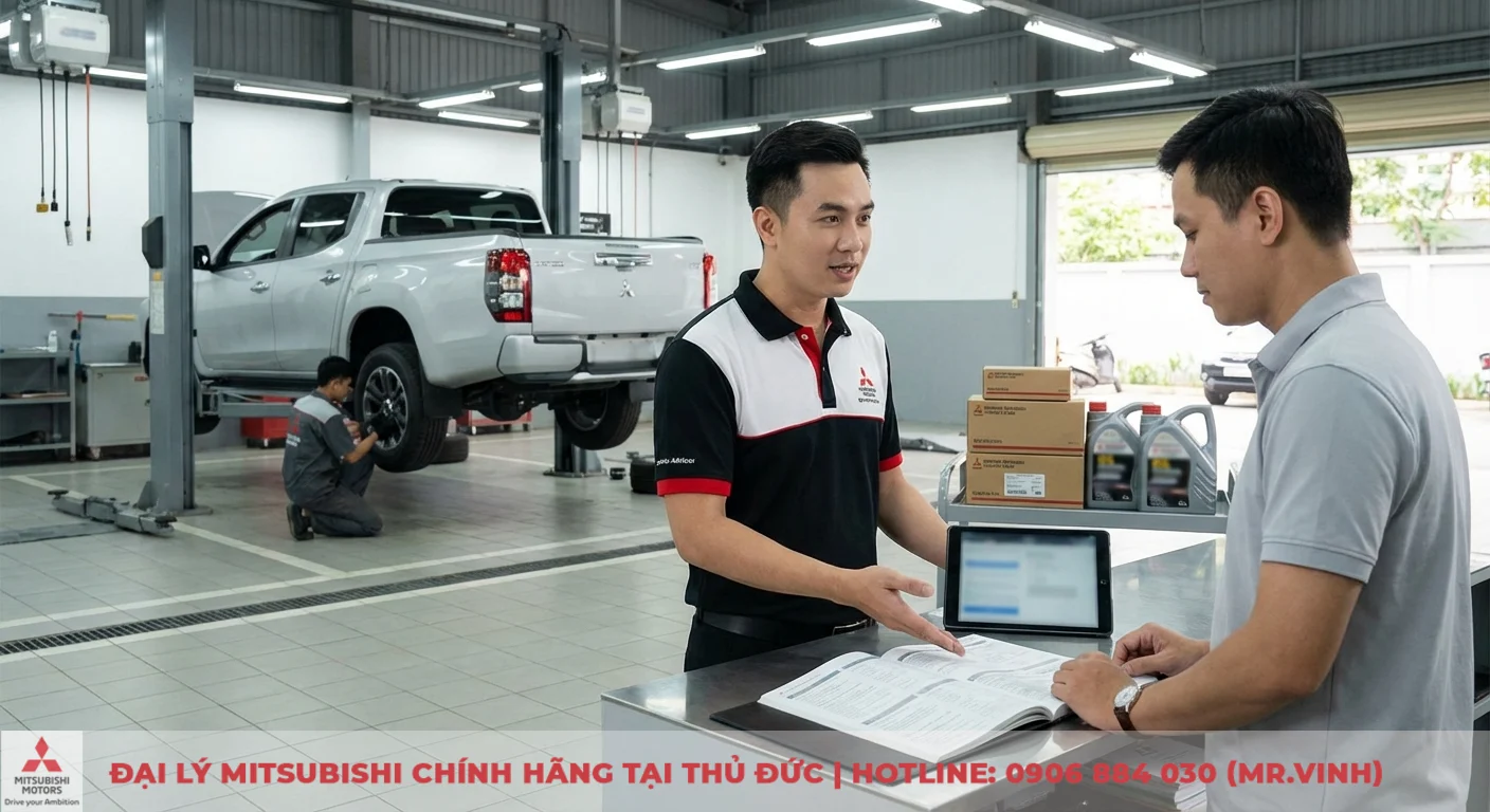 Bảo hành Mitsubishi Triton 2026: Điều kiện & lịch bảo dưỡng chi tiết 2 Nhân viên Mitsubishi tư vấn khách hàng về bảo dưỡng định kỳ, xe bán tải Triton trên cầu nâng được thợ sửa, phụ tùng chính hãng