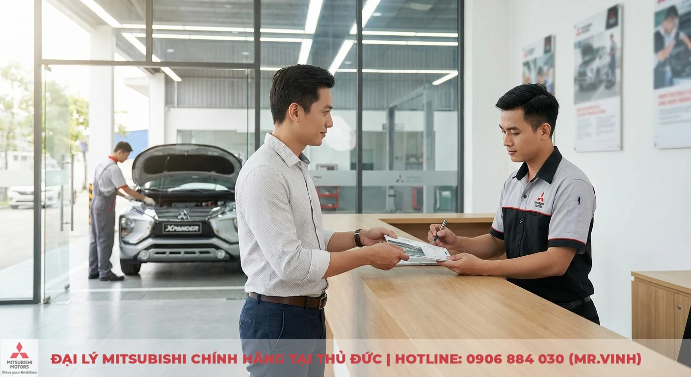 Bảo hành Mitsubishi Triton 2026: Điều kiện & lịch bảo dưỡng chi tiết 3 Khách hàng trao đổi hồ sơ tại quầy dịch vụ Mitsubishi, kỹ thuật viên kiểm tra xe Xpander đang mở nắp capo