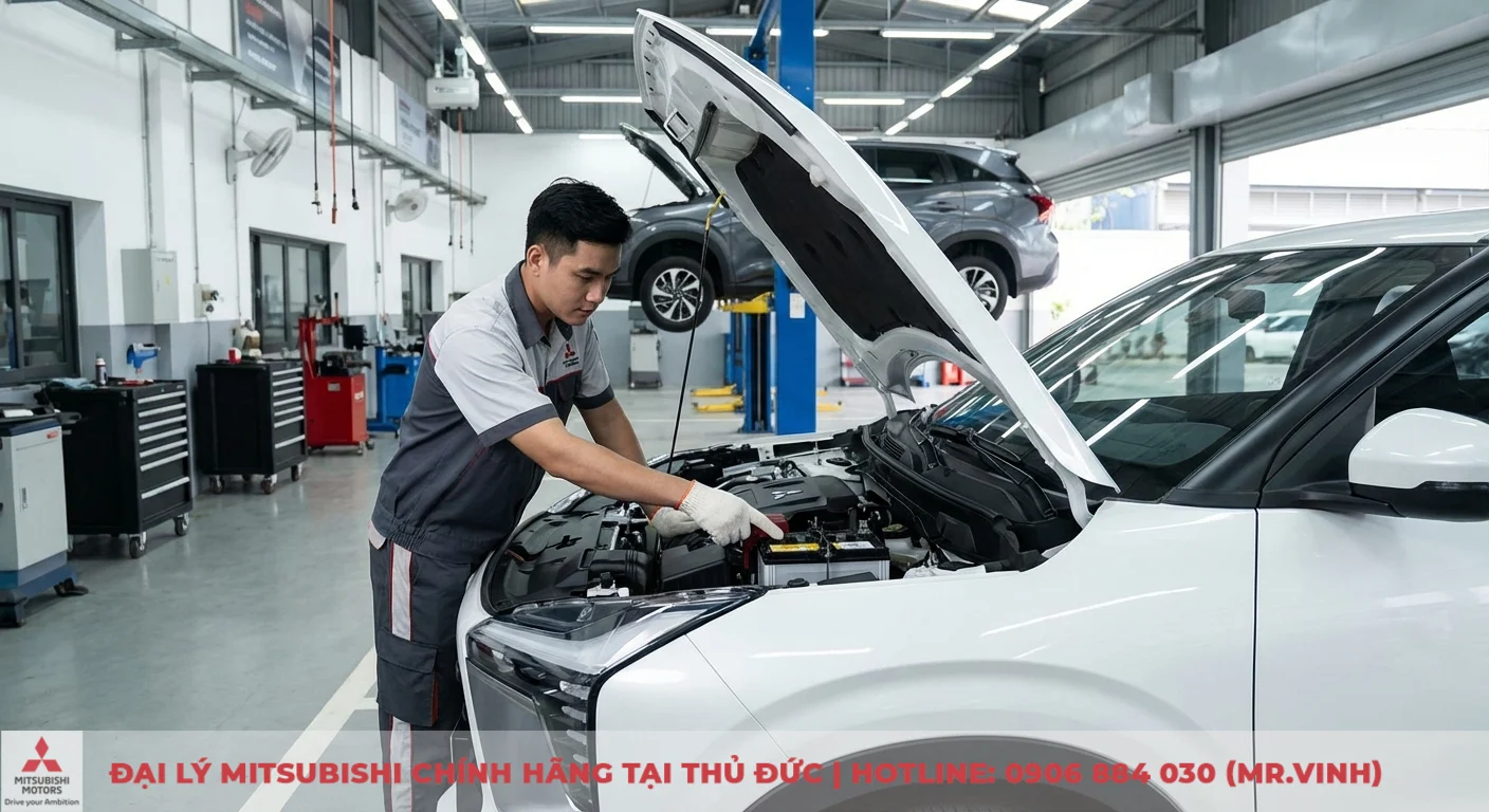 Bảo hành Mitsubishi XFORCE 2026: Chính sách & quyền lợi cập nhật 3 Ắc quy xe Mitsubishi XFORCE đang được kỹ thuật viên kiểm tra trong quy trình dịch vụ bảo dưỡng chuyên nghiệp