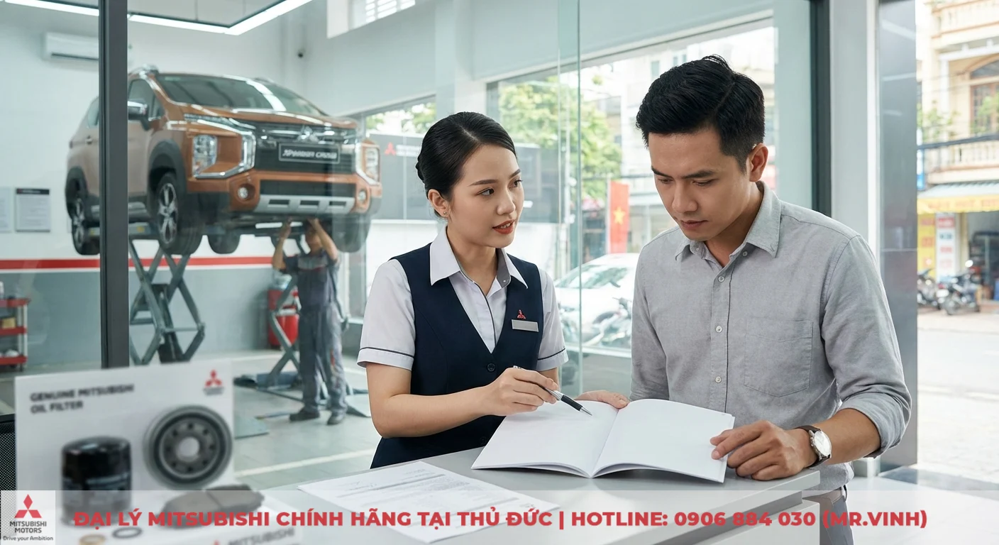 Bảo hành Xpander Cross 2026 – Chính sách cập nhật, thời hạn & điều kiện 2 Xpander Cross được bảo dưỡng tại trung tâm, khách hàng đang tư vấn chi tiết bảo hành và phụ tùng chính hãng như lọc dầu