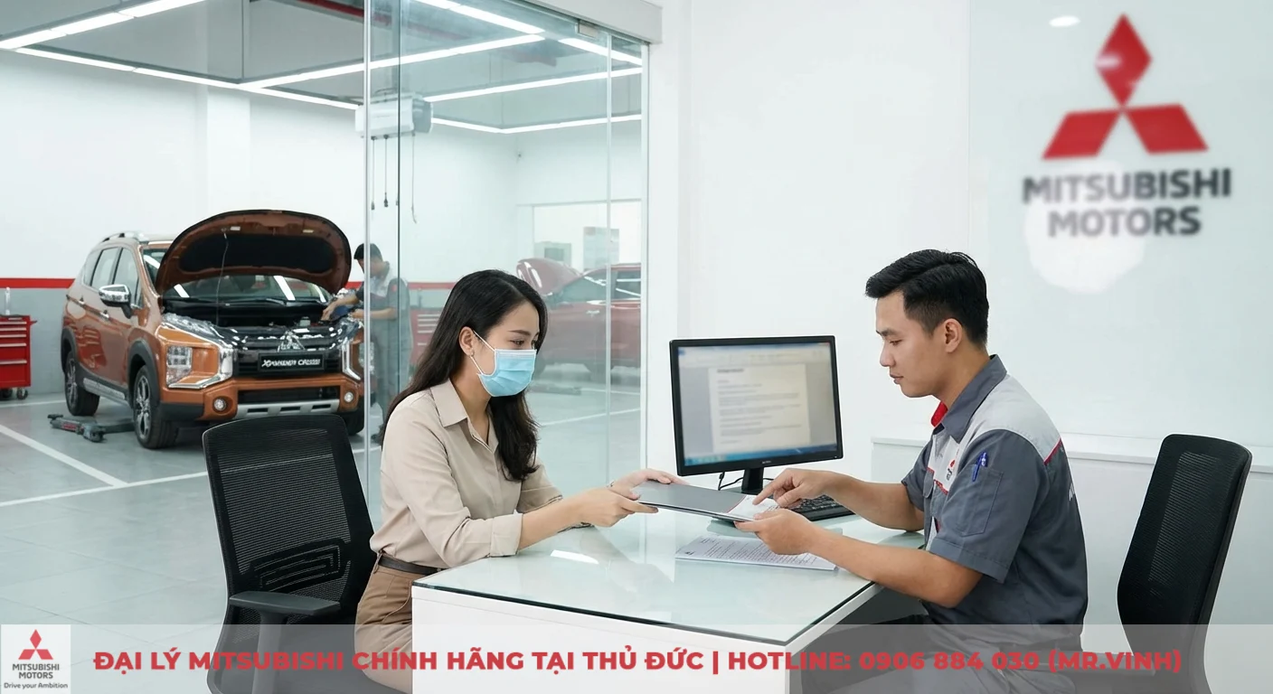 Bảo hành Xpander Cross 2026 – Chính sách cập nhật, thời hạn & điều kiện 3 Khách hàng trao đổi với nhân viên dịch vụ về quy trình bảo hành, bảo dưỡng định kỳ cho xe Xpander Cross tại Mitsubishi Sài Gòn