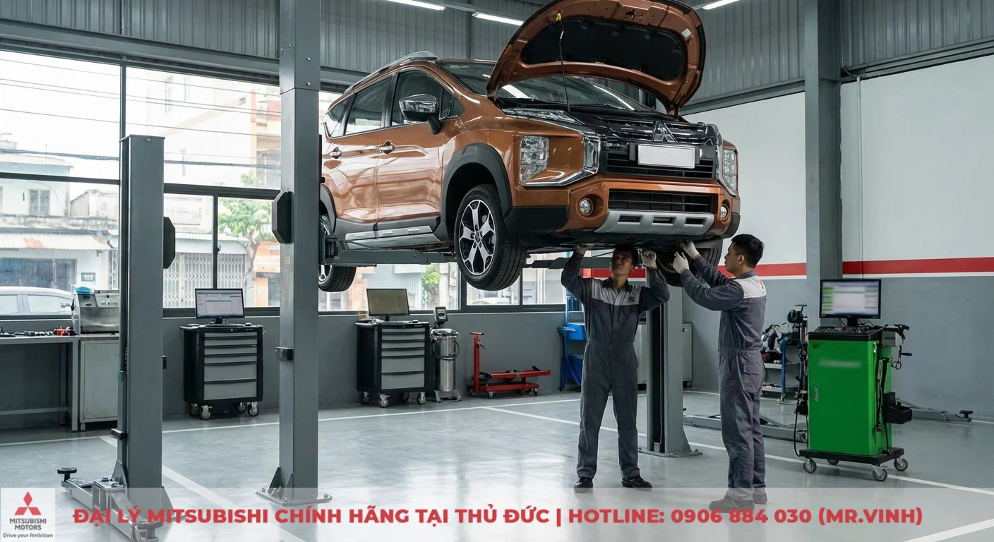 Bảo hành Xpander Cross 2026 – Chính sách cập nhật, thời hạn & điều kiện 4 Dịch vụ hỗ trợ, bảo dưỡng xe Mitsubishi Xpander Cross trên cầu nâng bởi kỹ thuật viên, đảm bảo quyền lợi khách hàng