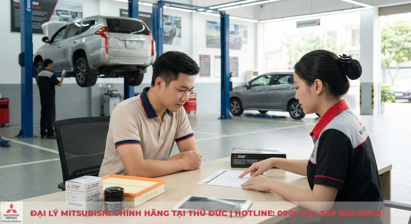 Chi phí nuôi Destinator 2026: Ước tính tổng quan và cách tối ưu 1 Nhân viên dịch vụ Mitsubishi Motors tư vấn khách hàng về phụ tùng như lọc dầu, lọc gió trên bàn, xe hơi đang bảo dưỡng trên cầu nâng
