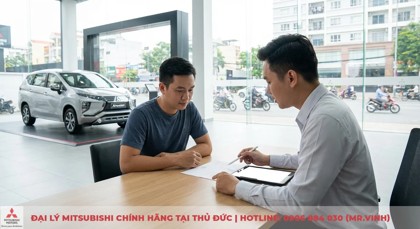 Chi phí nuôi Destinator 2026: Ước tính tổng quan và cách tối ưu 2 Hai người đàn ông tại bàn gỗ trong showroom ô tô, một nhân viên bán hàng chỉ giấy tờ cho khách hàng với xe Mitsubishi Xpander phía sau