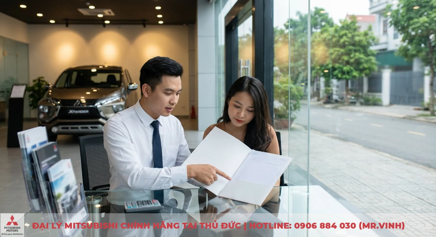 Chi phí nuôi Destinator 2026: Ước tính tổng quan và cách tối ưu 3 Người đàn ông và phụ nữ đang ngồi bàn kính xem hồ sơ trong showroom xe Mitsubishi, có xe Xpander và phố