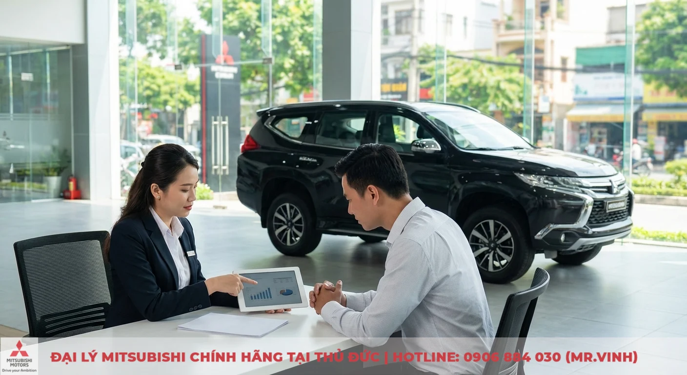 Chi phí nuôi Destinator 2026: Ước tính tổng quan và cách tối ưu 4 Nhân viên Mitsubishi chỉ vào biểu đồ trên máy tính bảng cho khách hàng nam tại showroom, SUV đen phía sau