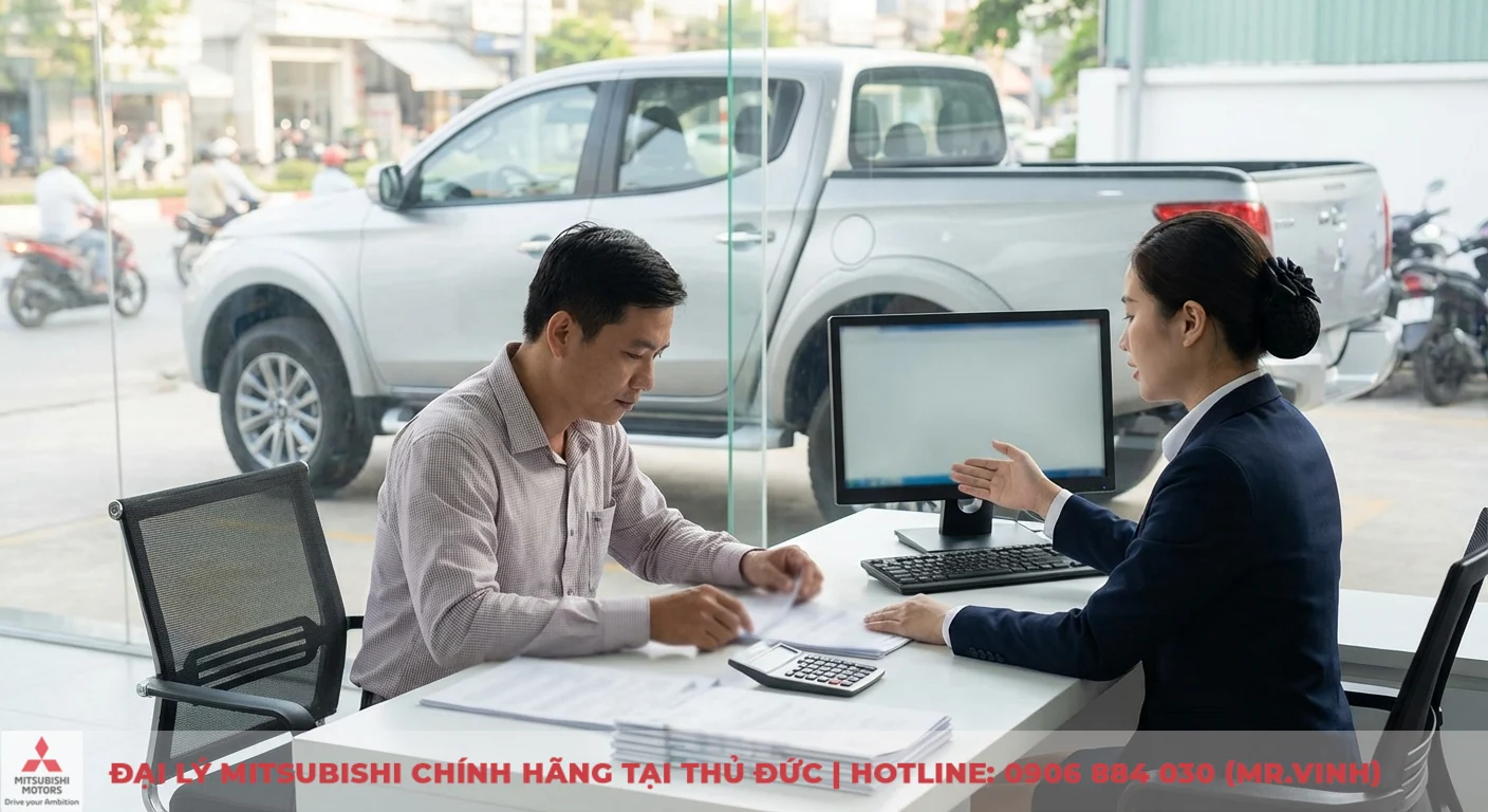 Chi phí nuôi Triton 2026: Dự toán bảo dưỡng và phụ tùng tại TP.HCM 1 Nữ nhân viên đại lý ô tô đang tư vấn khách hàng nam xem giấy tờ trên bàn, phía sau là xe bán tải Mitsubishi Triton