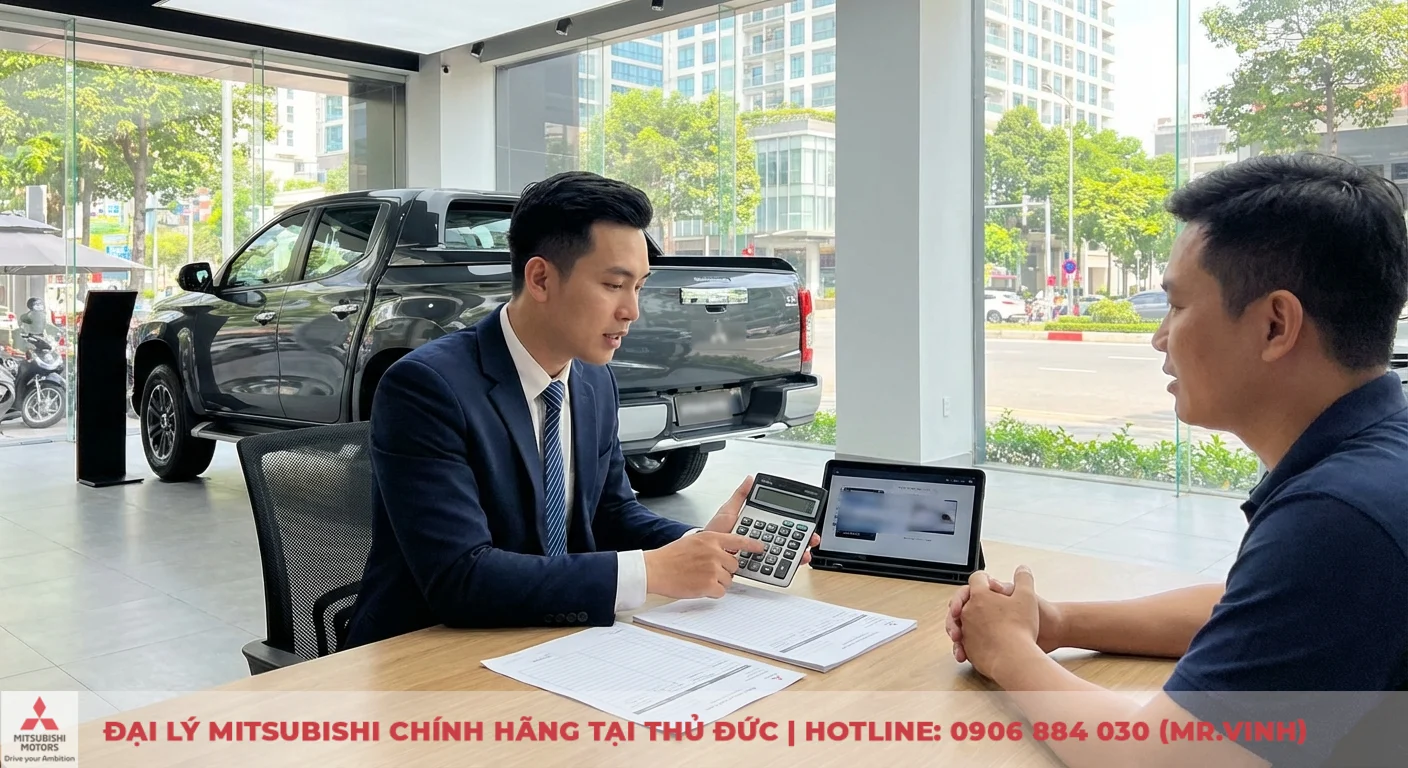 Chi phí nuôi Triton 2026: Dự toán bảo dưỡng và phụ tùng tại TP.HCM 2 Hai người đàn ông ngồi tại bàn gỗ, một người cầm máy tính giải thích chi phí, cạnh laptop và tài liệu, phía sau là xe bán tải trong showroom