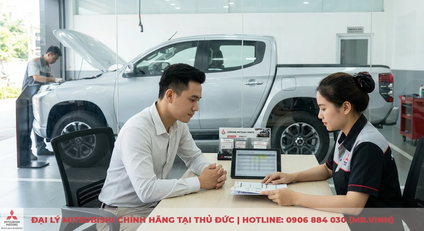 Chi phí nuôi Triton 2026: Dự toán bảo dưỡng và phụ tùng tại TP.HCM 3 Khách hàng tư vấn dịch vụ tại đại lý Mitsubishi với chiếc Triton đang bảo dưỡng và phụ tùng chính hãng
