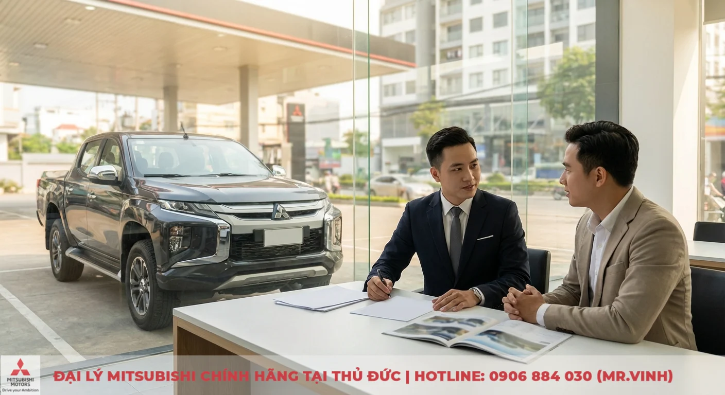 Chi phí nuôi Triton 2026: Dự toán bảo dưỡng và phụ tùng tại TP.HCM 4 Hai người đàn ông ngồi bàn trong showroom Mitsubishi, một nhân viên tư vấn đang giải thích tài liệu cho khách hàng bên cạnh xe Triton 2026