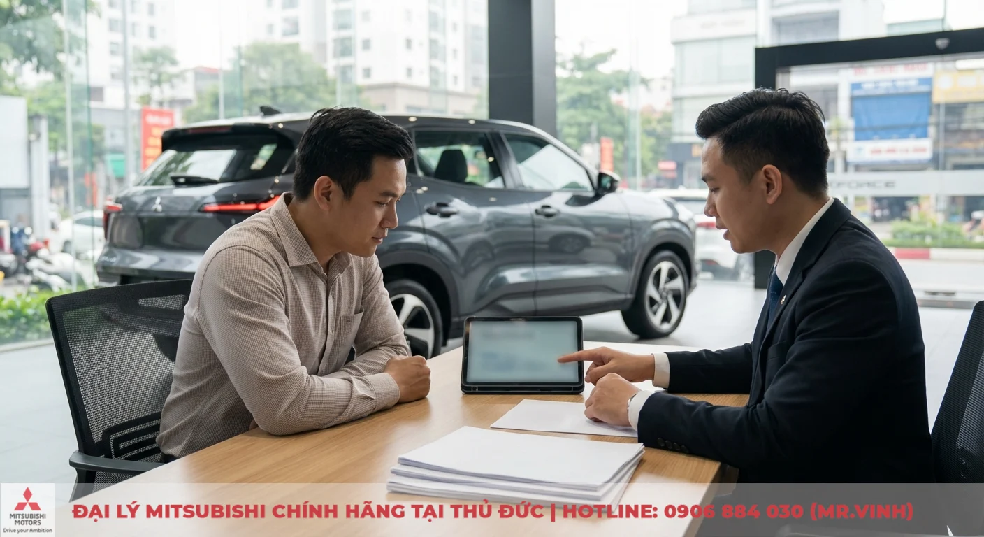Chi phí nuôi Xforce 2026: Dự phóng chi tiết từ bảo dưỡng đến bảo hiểm 1 Tư vấn viên hướng dẫn khách hàng dự phóng chi phí nuôi Xforce 2026 qua máy tính bảng và tài liệu tại showroom