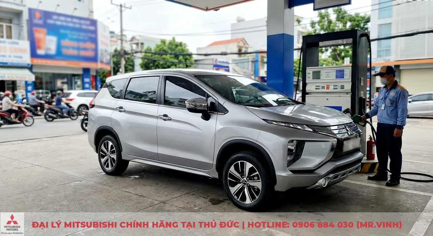 Chi phí nuôi Xforce 2026: Dự phóng chi tiết từ bảo dưỡng đến bảo hiểm 2 Xforce màu bạc đang được đổ xăng tại trạm, minh họa chi phí nhiên liệu là hạng mục lớn trong chi phí nuôi Xforce 2026