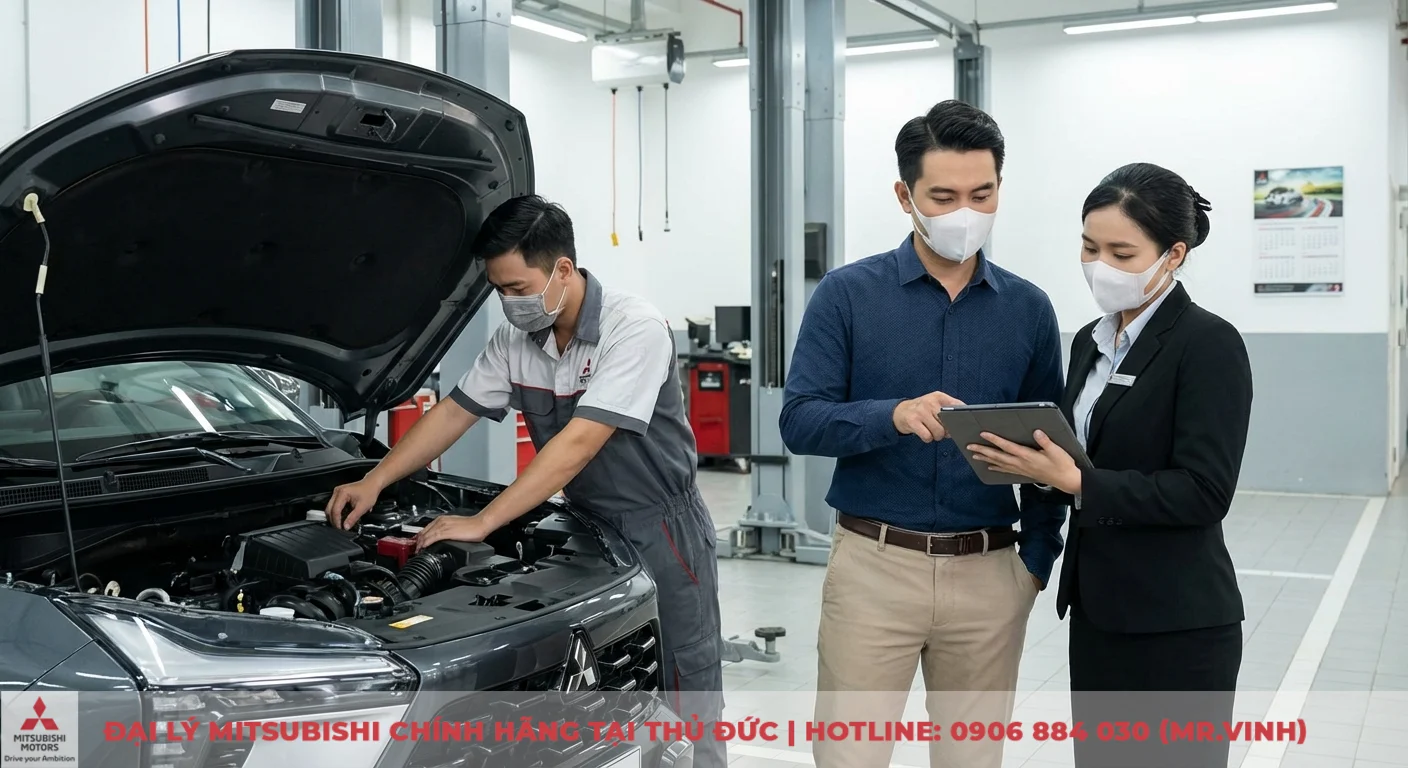 Chi phí nuôi Xforce 2026: Dự phóng chi tiết từ bảo dưỡng đến bảo hiểm 3 Bảo dưỡng định kỳ Xforce 2026 tại đại lý Mitsubishi, nhân viên tư vấn giải pháp tối ưu chi phí nuôi xe cho khách hàng