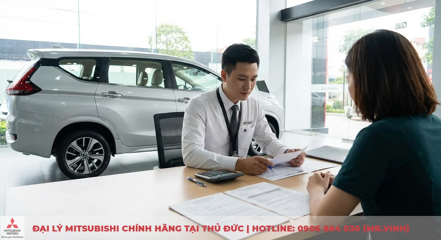 Chi phí nuôi Xpander 2026 bao nhiêu? Phân tích mọi hạng mục 2 Khách hàng cùng nhân viên tư vấn xem xét các khoản phí cố định hàng năm cho Xpander trong showroom