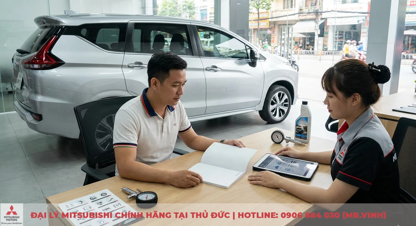 Chi phí nuôi Xpander 2026 bao nhiêu? Phân tích mọi hạng mục 4 Khách hàng và nhân viên Mitsubishi Motors đang thảo luận cách tối ưu chi phí nuôi Xpander và bảo dưỡng định kỳ