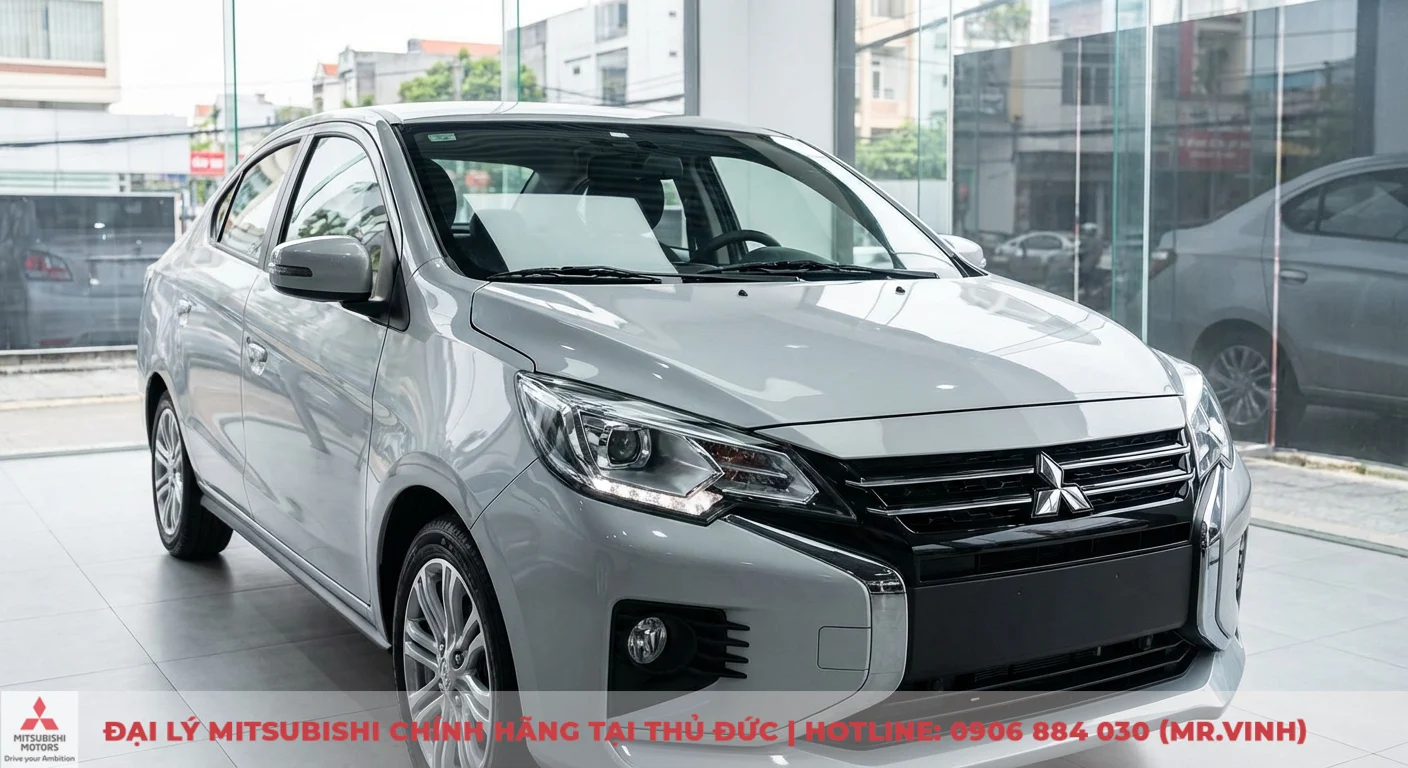 Có nên mua Mitsubishi Attrage 2026? Đánh giá ưu, nhược điểm. 1 Mitsubishi Attrage 2026 màu bạc với ngôn ngữ thiết kế Dynamic Shield hiện đại, đèn pha LED và dải định vị ban ngày tinh tế
