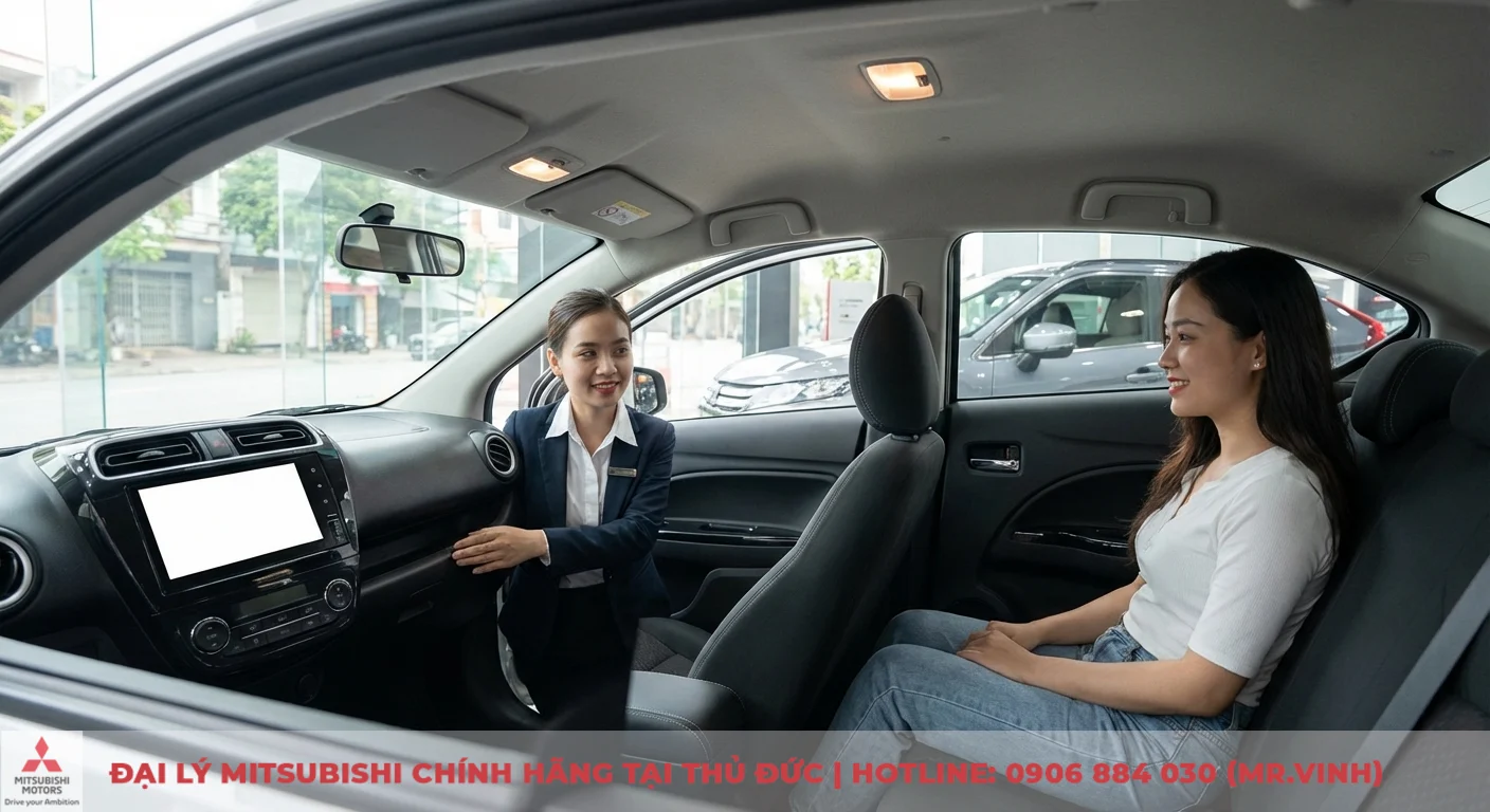 Có nên mua Mitsubishi Attrage 2026? Đánh giá ưu, nhược điểm. 2 Ưu điểm không gian nội thất rộng rãi và màn hình cảm ứng của Mitsubishi Attrage 2026 qua trải nghiệm khách hàng