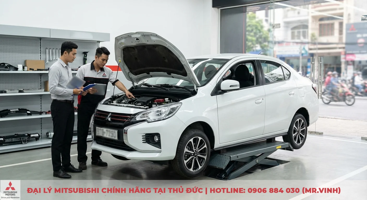 Có nên mua Mitsubishi Attrage 2026? Đánh giá ưu, nhược điểm. 3 Kỹ thuật viên đang kiểm tra động cơ Mitsubishi Attrage 2026 trên bệ nâng, nhấn mạnh chi phí bảo dưỡng và vận hành hiệu quả