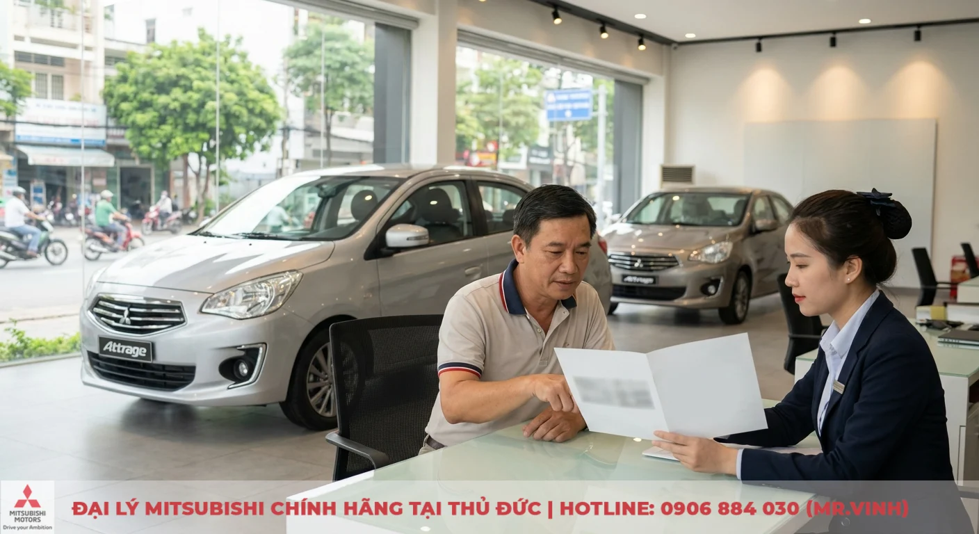 Có nên mua Mitsubishi Attrage 2026? Đánh giá ưu, nhược điểm. 4 Khách hàng cùng nhân viên tư vấn xem tài liệu Attrage 2026 tại showroom, so sánh các tính năng ưu việt