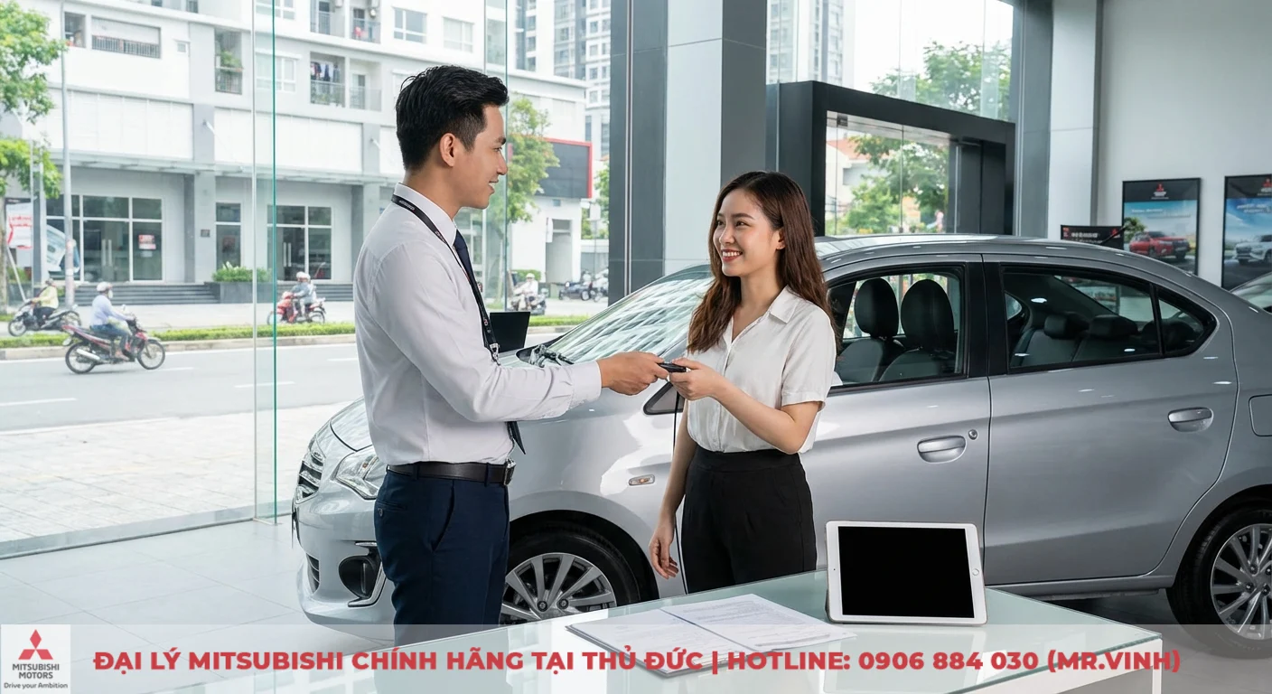 Có nên mua Mitsubishi Attrage 2026? Đánh giá ưu, nhược điểm. 5 Khách hàng vui mừng nhận chìa khóa Mitsubishi Attrage 2026 từ nhân viên tại đại lý Saigon 3S TP.HCM
