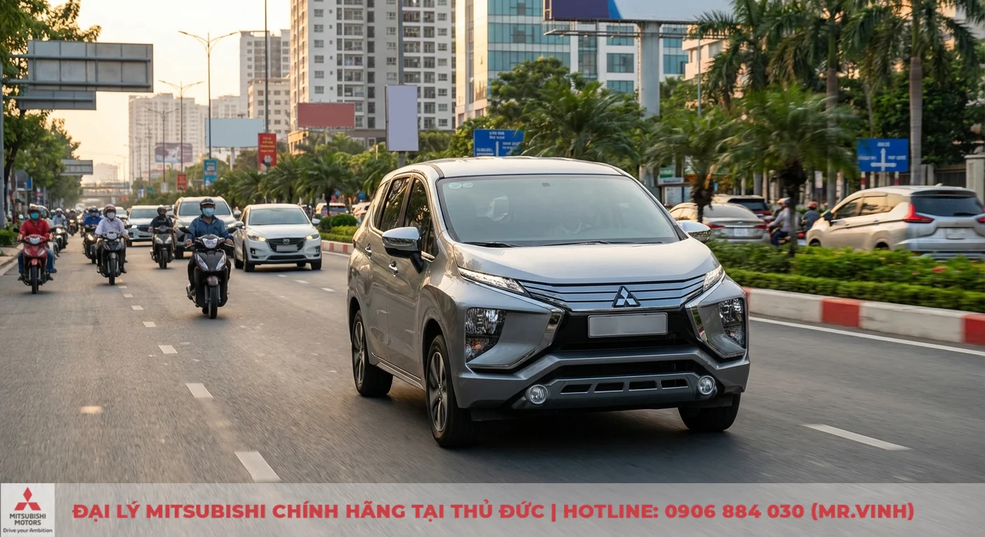 Destinator 2026: Có nên mua? Đánh giá chuyên sâu, so sánh và ưu nhược điểm. 1 Giao thông đô thị đông đúc với nhiều xe máy, ô tô trên đường, Mitsubishi Xpander bạc phía trước, tòa nhà và cây cọ