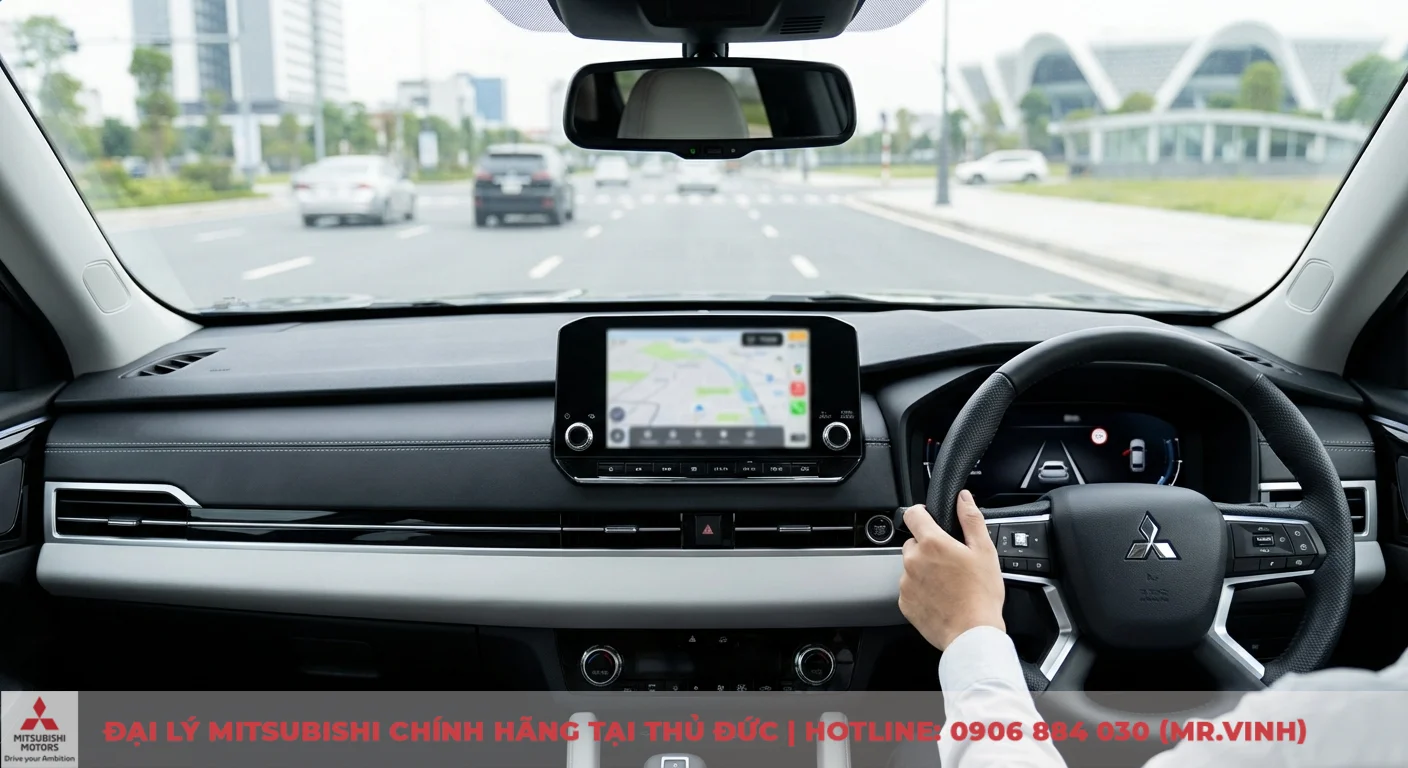 Destinator 2026: Có nên mua? Đánh giá chuyên sâu, so sánh và ưu nhược điểm. 2 Góc nhìn từ ghế lái trong xe hơi, vô lăng Mitsubishi, màn hình điều hướng bản đồ và bảng đồng hồ kỹ thuật số hiển thị tốc độ 70