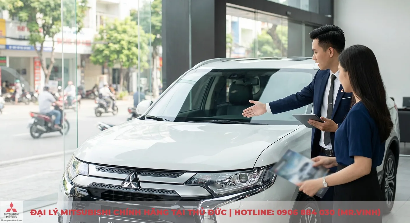 Destinator 2026: Có nên mua? Đánh giá chuyên sâu, so sánh và ưu nhược điểm. 3 Một nhân viên bán hàng nam đang giới thiệu xe SUV Mitsubishi màu trắng cho khách hàng nữ tại showroom, nhìn ra đường phố nhiều xe máy
