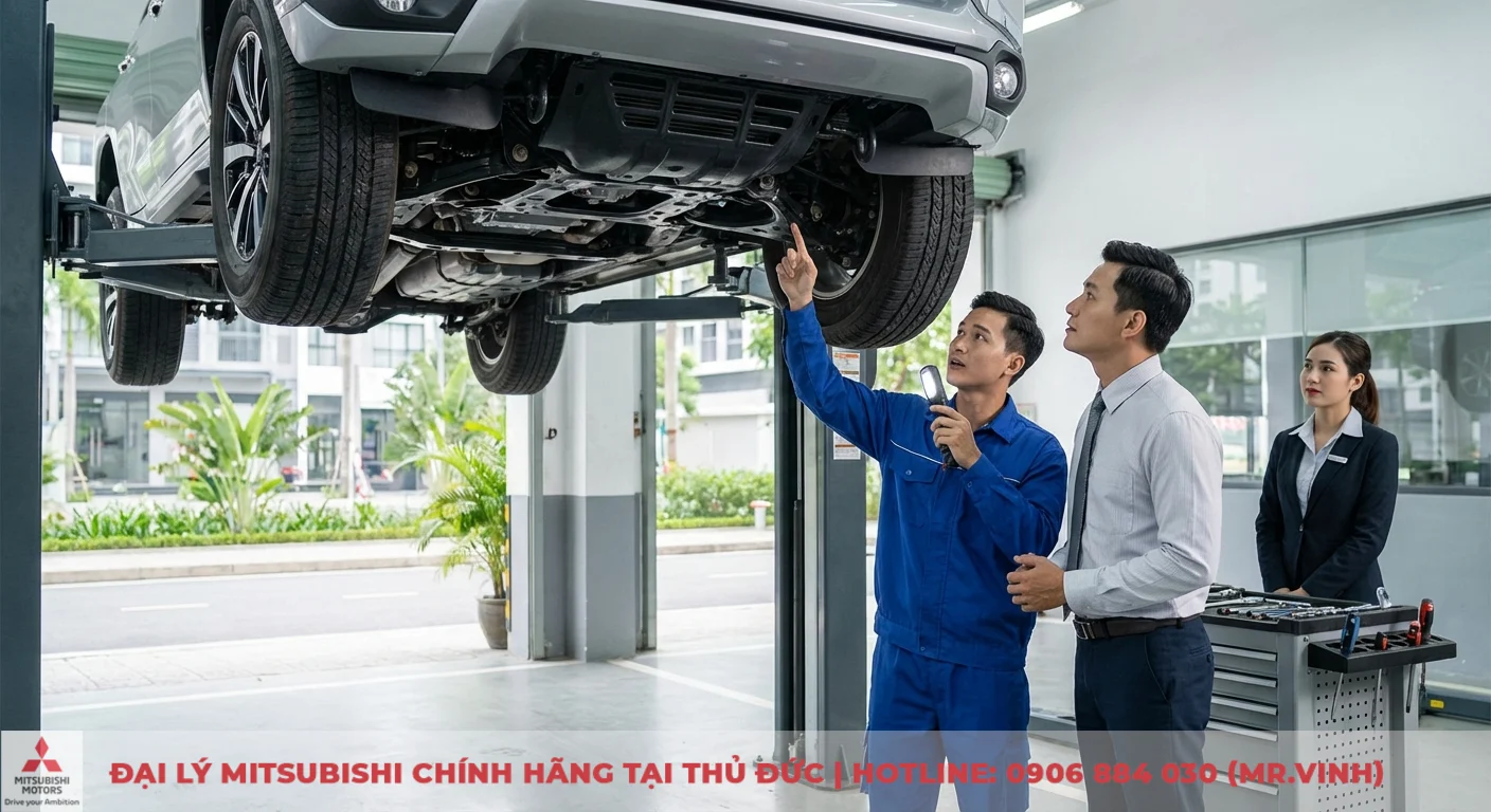 Destinator 2026: Có nên mua? Đánh giá chuyên sâu, so sánh và ưu nhược điểm. 4 Thợ máy dùng đèn pin kiểm tra gầm ô tô đang nâng, chỉ cho cố vấn dịch vụ và nhân viên nữ xem tại trung tâm bảo dưỡng