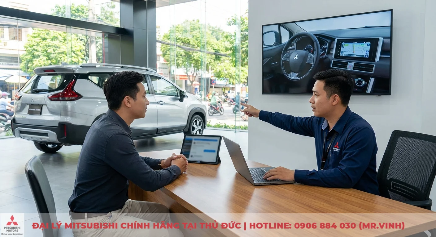 Destinator 2026: Có nên mua? Đánh giá chuyên sâu, so sánh và ưu nhược điểm. 5 Nhân viên Mitsubishi tư vấn khách tại showroom, chỉ màn hình TV nội thất xe và định vị, với laptop, tablet