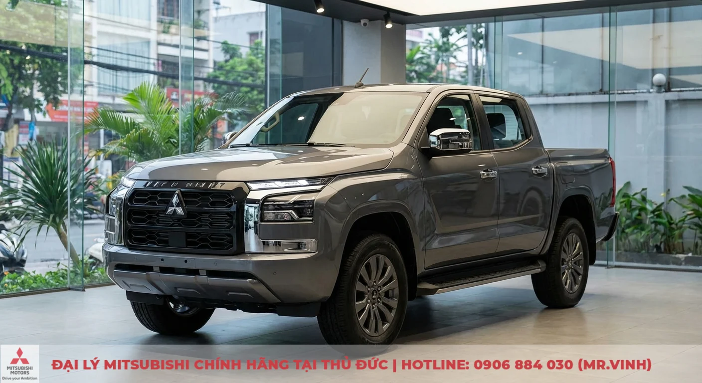 Có nên mua Mitsubishi Triton 2026? Đánh giá chi tiết & ưu nhược điểm 1 Xe bán tải Mitsubishi Triton màu xám bạc với lưới tản nhiệt Dynamic Shield, đèn LED sắc sảo, đang trưng bày trong showroom