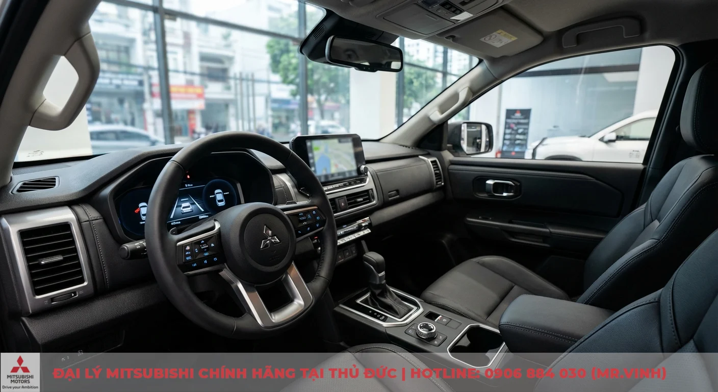 Có nên mua Mitsubishi Triton 2026? Đánh giá chi tiết & ưu nhược điểm 2 Khoang lái xe ô tô Mitsubishi Triton hiện đại với vô lăng, màn hình kỹ thuật số hiển thị ADAS, màn hình giải trí trung tâm và ghế da đen
