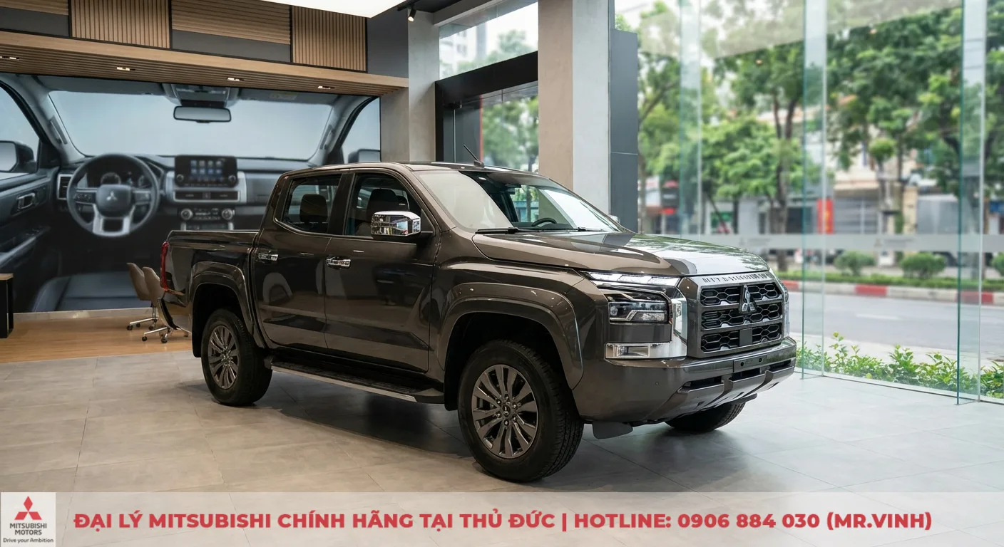 Có nên mua Mitsubishi Triton 2026? Đánh giá chi tiết & ưu nhược điểm 3 Xe bán tải Mitsubishi Triton màu xám đậm trưng bày trong showroom, bên cạnh cửa kính lớn nhìn ra đường phố và màn hình nội thất xe